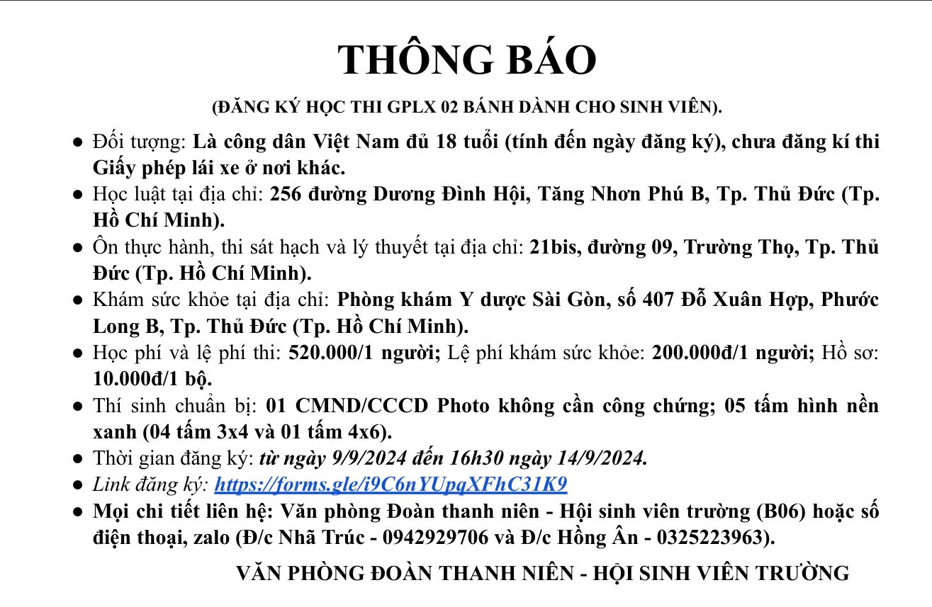 HỖ TRỢ ĐĂNG KÍ THI SÁT HẠCH BẰNG LÁI XE A1 CHO SINH VIÊN