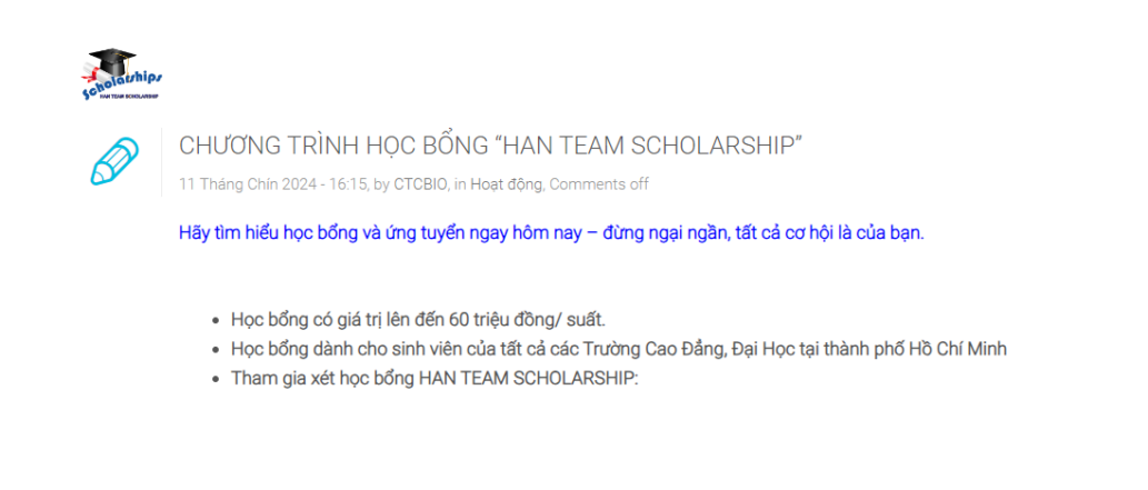 THÔNG BÁO ĐĂNG KÝ HỌC BỔNG “HAN TEAM SCHOLARSHIP”