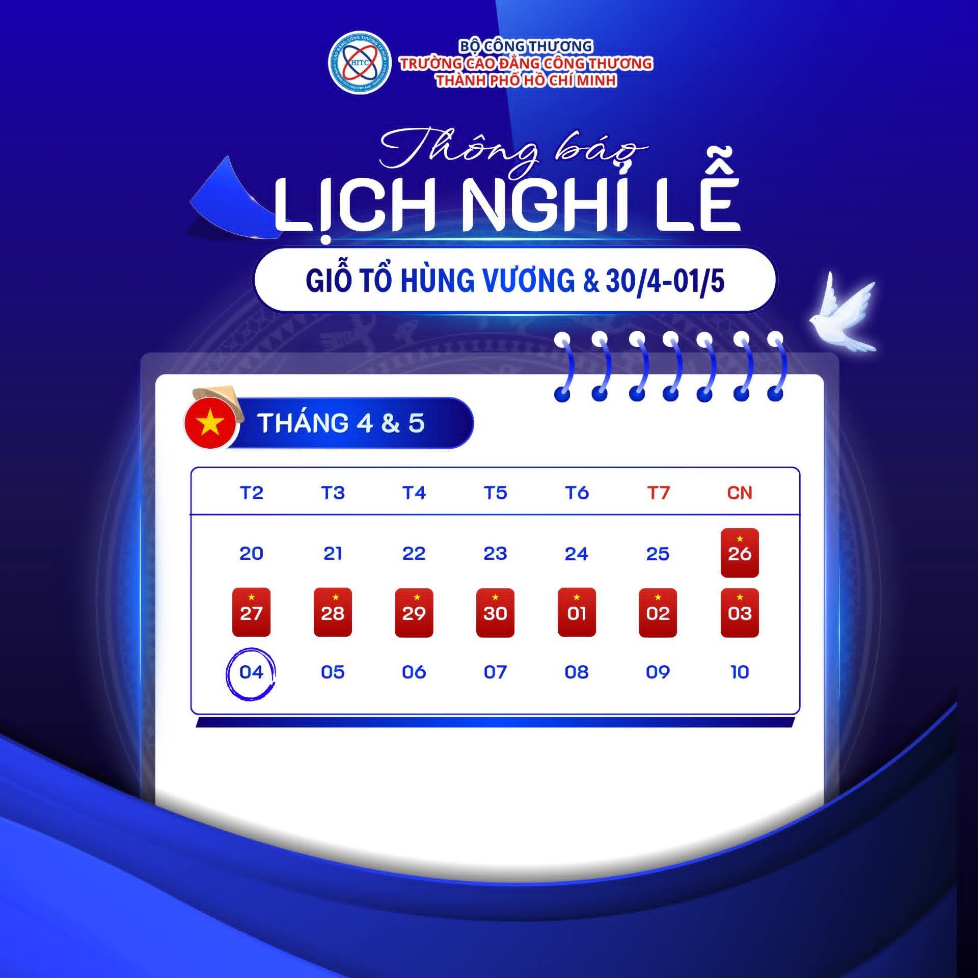 THÔNG BÁO LỊCH NGHỈ LỄ GIỖ TỔ HÙNG VƯƠNG, 30/4 VÀ 01/5 NĂM 2026